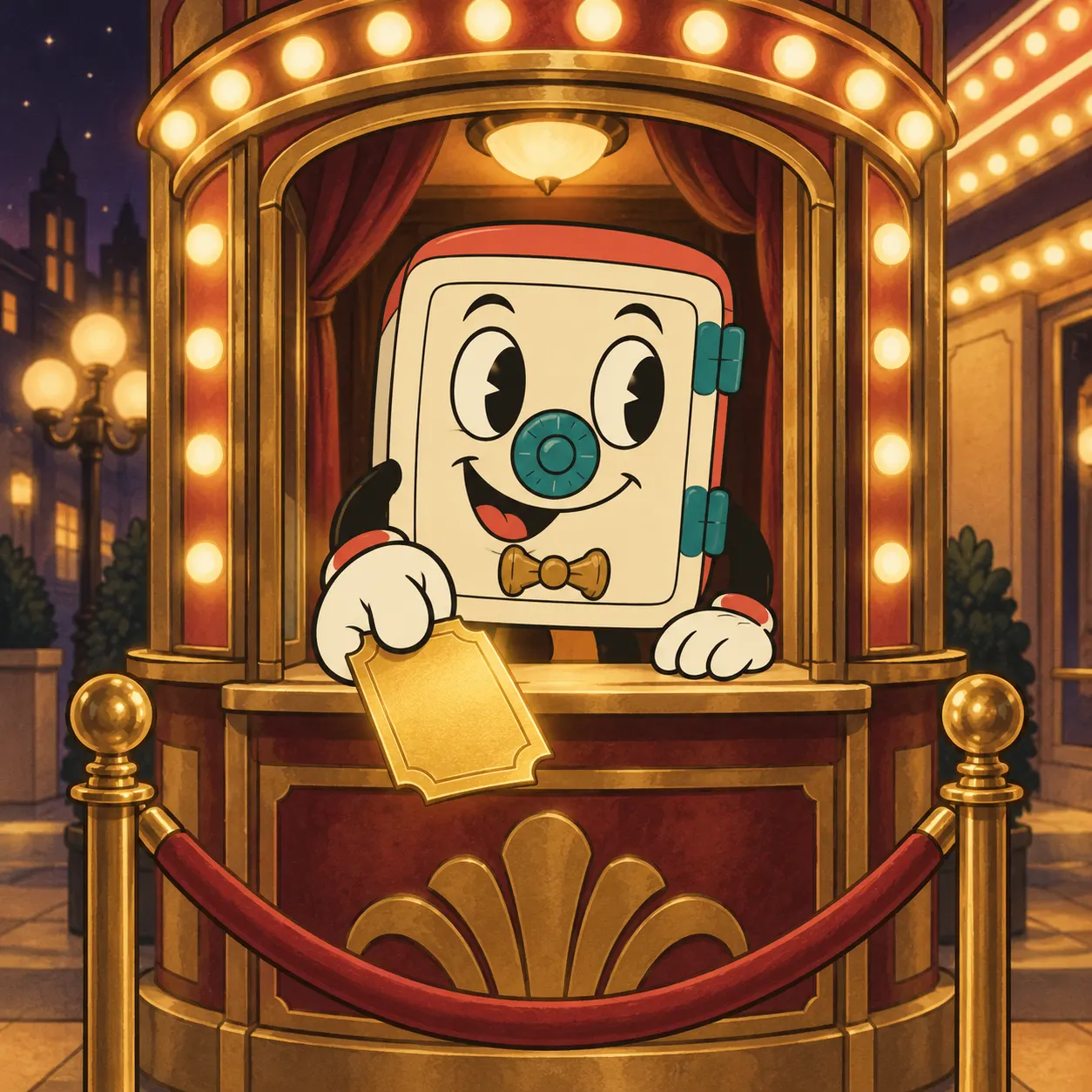 Sam hands a golden ticket out of a theatre box office.
