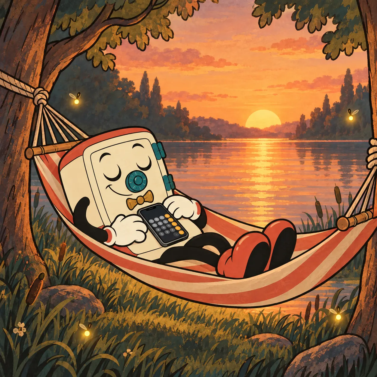 Sam relaxes in a deck chair at sunset beside a calculator.